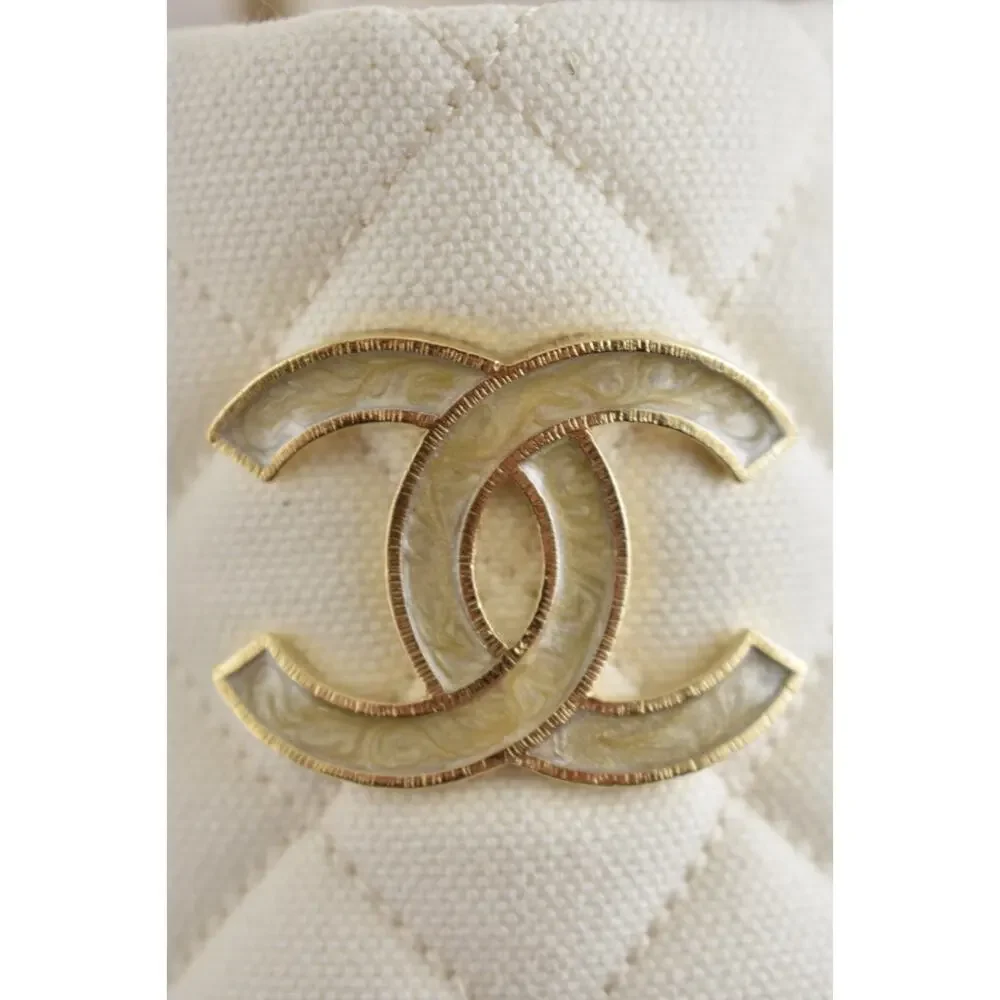 Chanel 25C White Cotton CC Logo Platform Wedge Slide Block Heel Mule Sandal 40